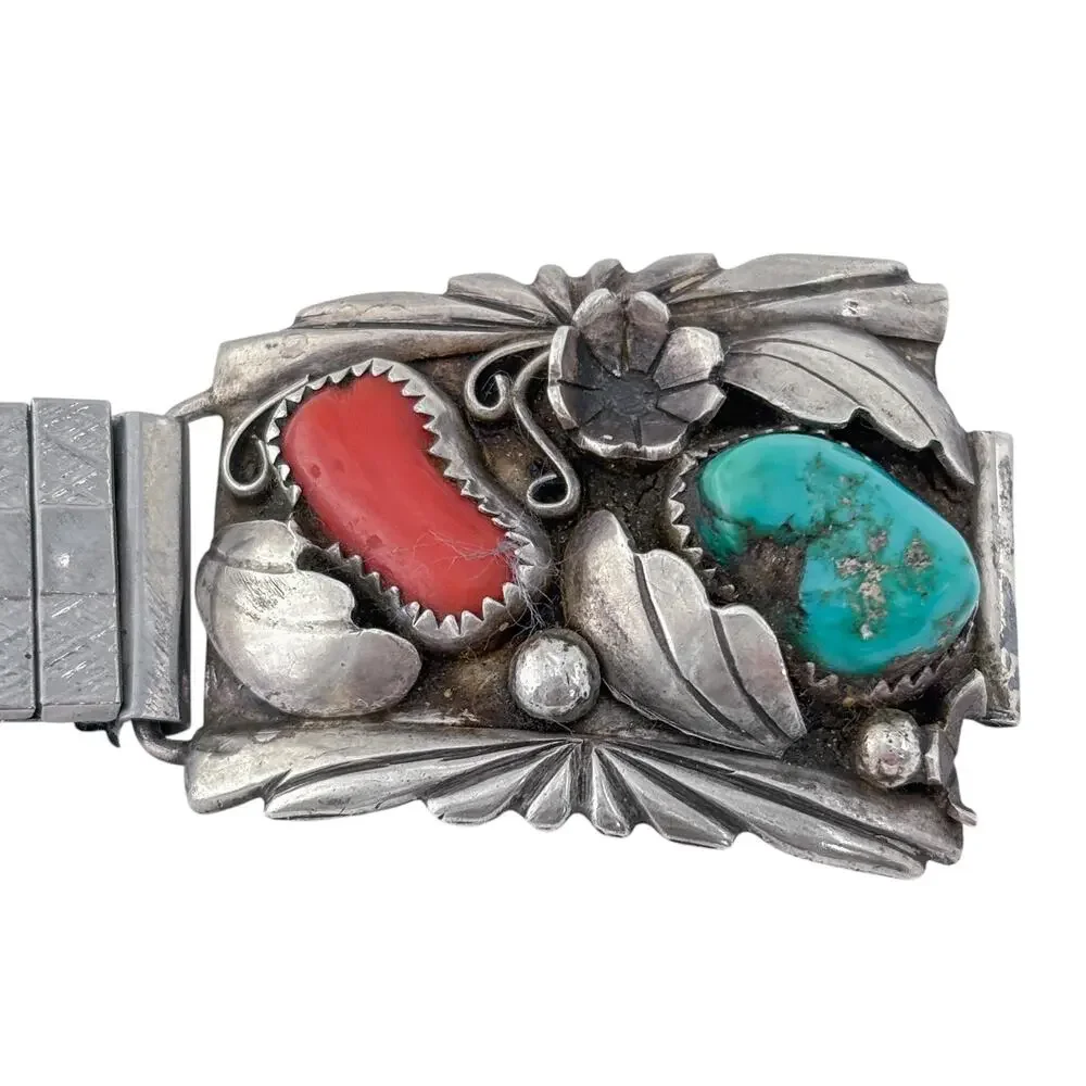Vintage Southwest Sterling Silver 925 Turquoise Coral Watch Tips 6
